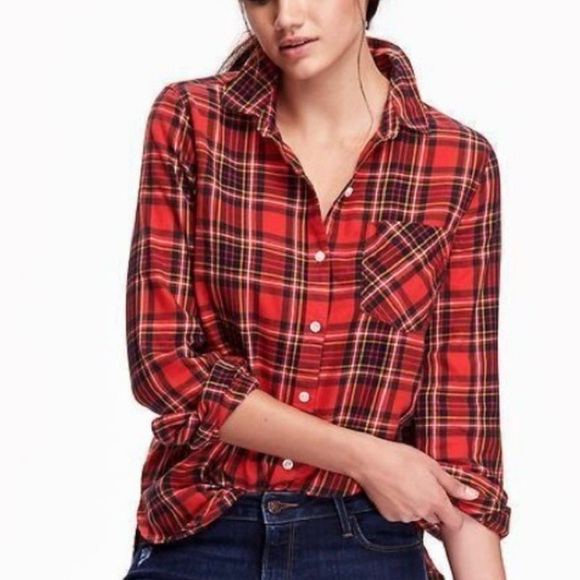 OLD NAVY Women's size M Classic Red Plaid Flannel Button Down Shirt, Long Sleeve - Picture 1 of 6